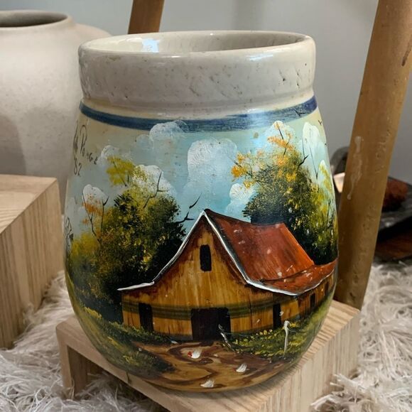 Vintage 1982 Farm Scene Hand Painted Ruth Paoge Pottery Earthenware Vase - Picture 1 of 17